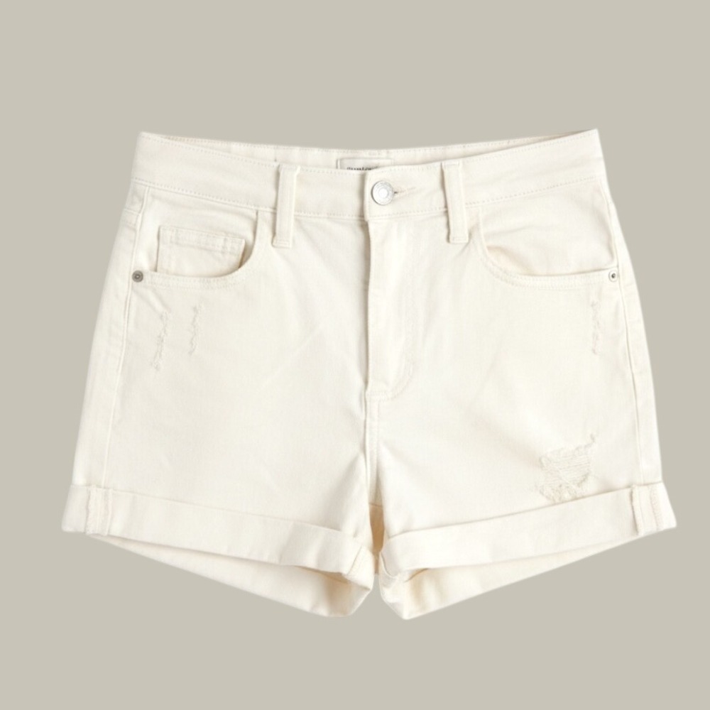 SNEAK PEEK White Stretch Jeans CUFFED DENIM SHORTS Destroyed Style MID-RISE sz S